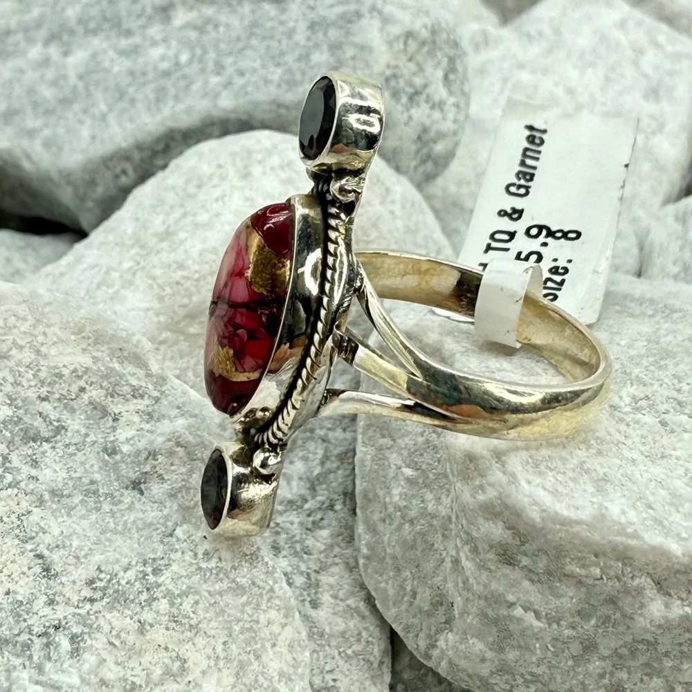 NWT Sterling Silver Red Dahlia Turquoise Garnet Ring Size 8 Boho Southwestern